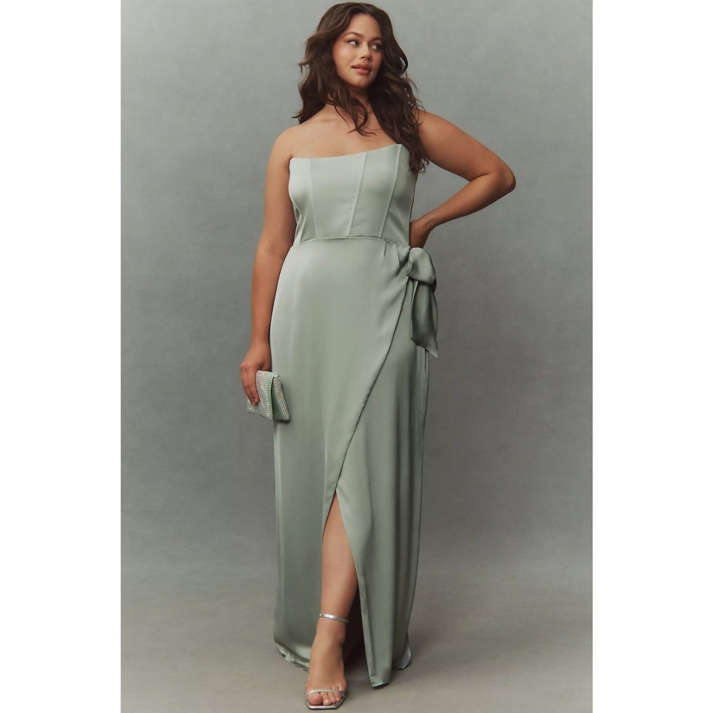 NEW V. Chapman June‎ Corset Jacquard Front-Slit Gown Size 14 Sage Green